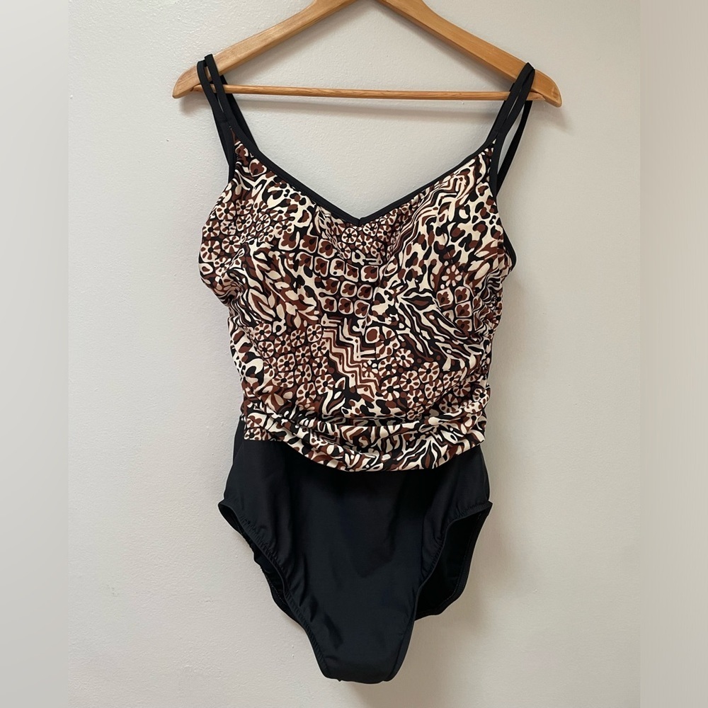 TRIMSHAPER WOMEN CREAM BLACK BROWN DOUBLE STRAPS 1 PIECE BIKINI SWIMWEAR SZ 16